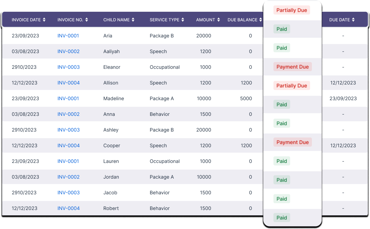 Autism therapy software: payment Management