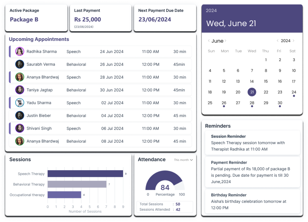 Autism therapy software: parents dashboard